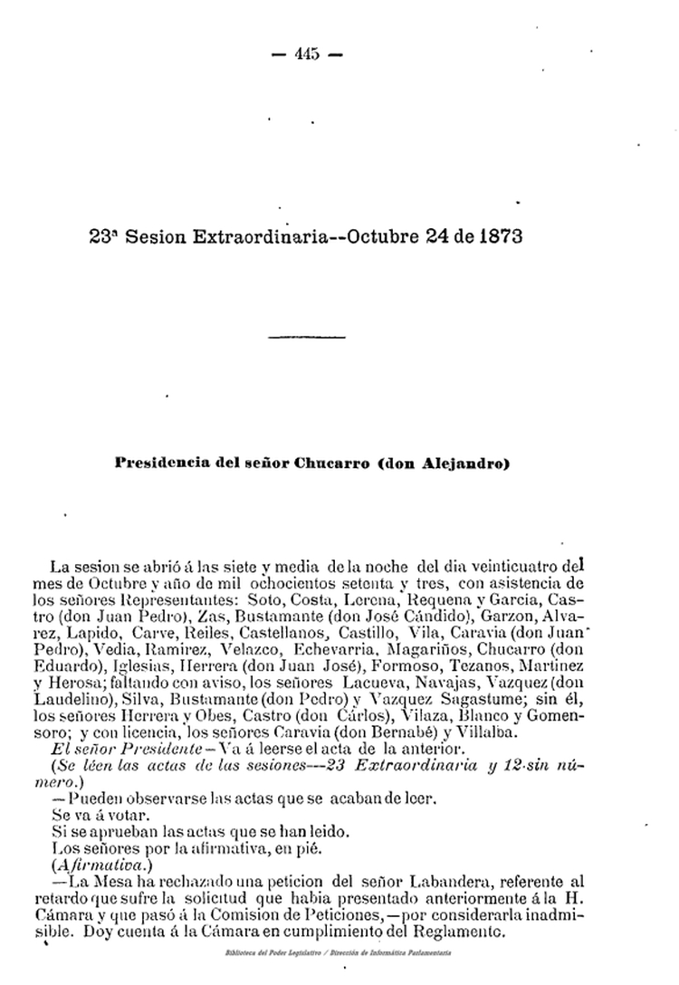 DIARIO DE SESIONES DE LA CAMARA DE REPRESENTANTES del 24/10/1873